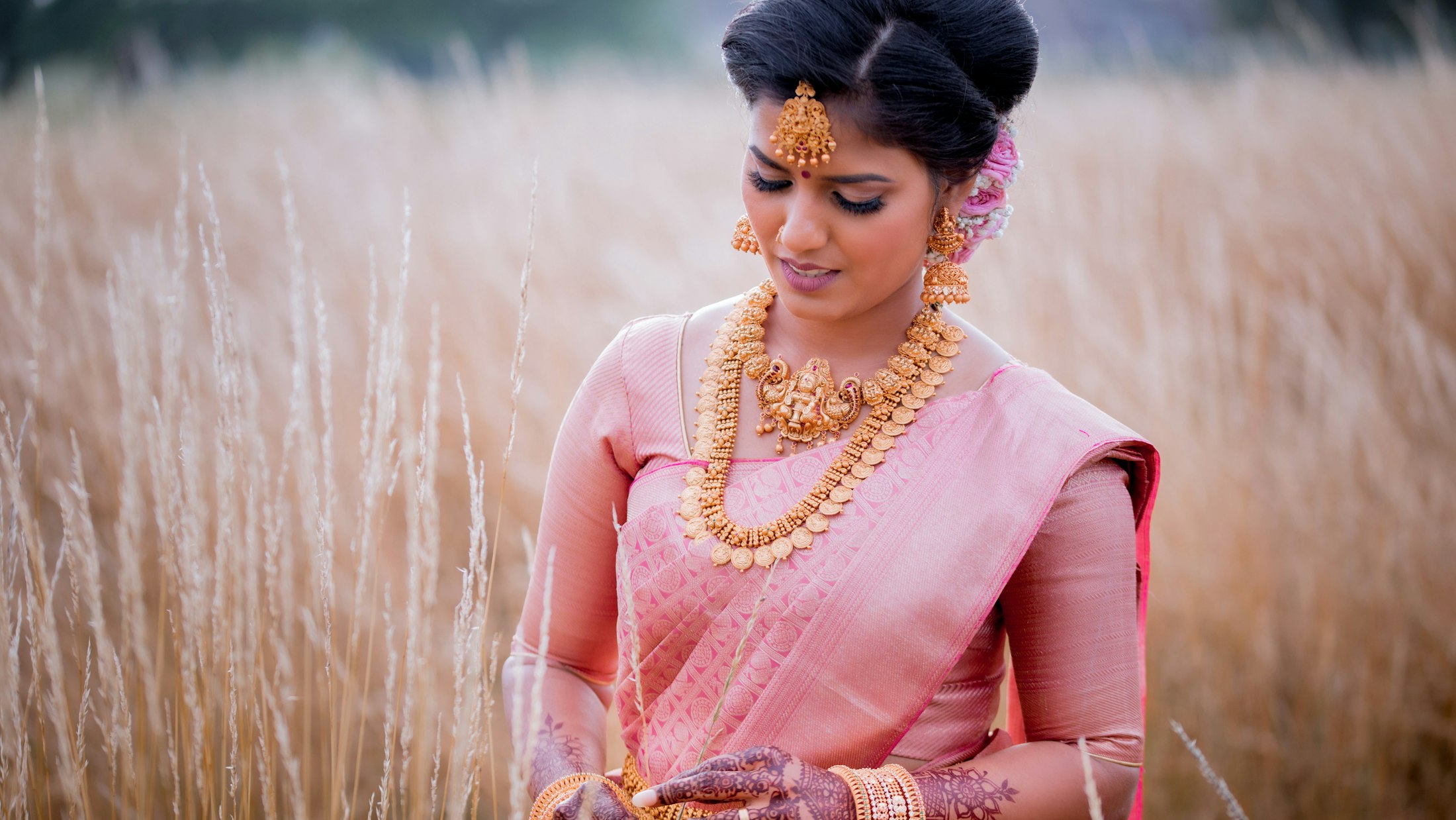 Model wearing a blush handwoven silk saree from the New Heritage campaign, photographed in an open field at dusk